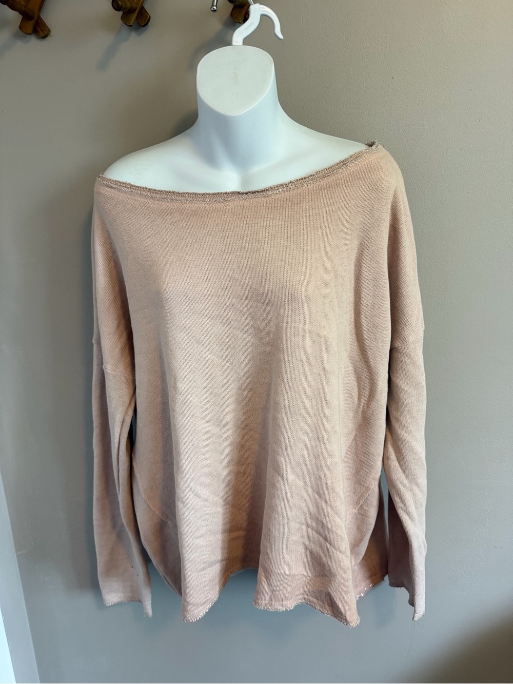 Pistache Made in Italy Metallic Trim Off Shoulder Sweater Beige Size L/XL